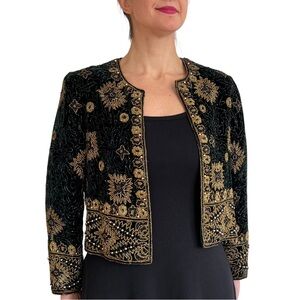 Vintage Fully Beaded Dark Emerald Green Velvet Jacket M/P
